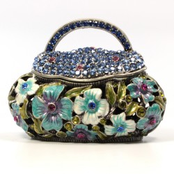 Jeweled flower motif purse Faberge trinket box with crystal covered top blue multi