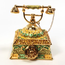 Bejeweled antique telephone trinket box, Faberge figurine with crystals in green