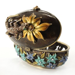 Jeweled flower motif trinket box with lizard, Faberge figurine with crystals in brown