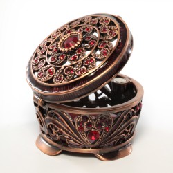 Bejeweled paisley pattern trinket box, Faberge with crystal in antique copper