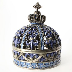 Bejeweled cross embellished crown shaped trinket box, Faberge figurine with crystals blue