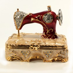 Bejeweled red antique sewing machine shaped trinket box, figurine with crystals