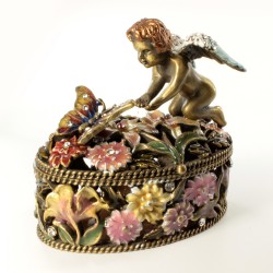 Bejeweled cherub and butterfly trinket box, figurine with crystals antique brass