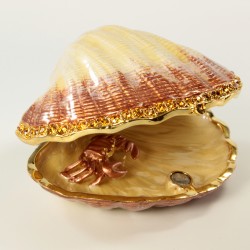 Bejeweled clam shaped trinket box with crab inside, figurine with crystals gold