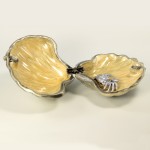 figurine with crystals gold Bejeweled clam shaped trinket box with crab inside 
