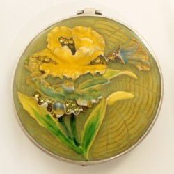 Jeweled flower motif antique look compact mirror, enamel painted w crystals multi color B